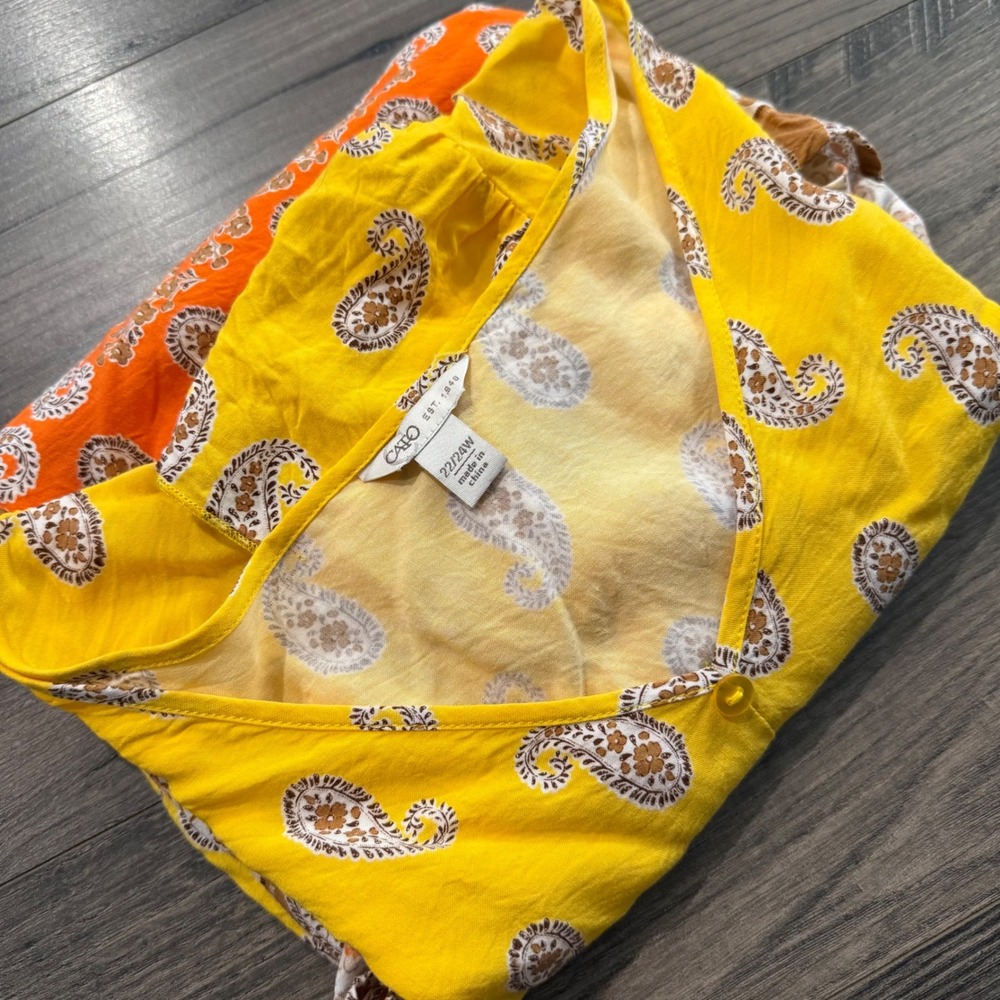 Cato Yellow Orange Paisley Empire Waist Flutter Sleeve Top Plus Size 22/24